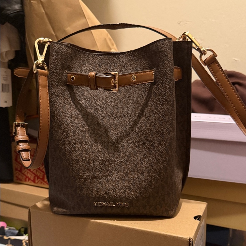 Michael Kors Brown Signature Bucket Bag with Tan Trim